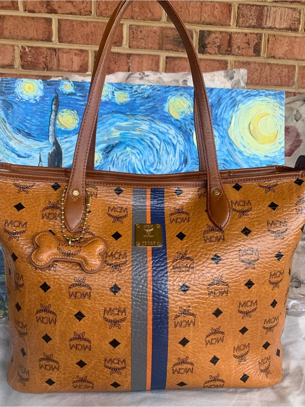 MCM Cognac Visetos Tote with Navy and Orange Center Stripe with Bone. EUC - Picture 1 of 16